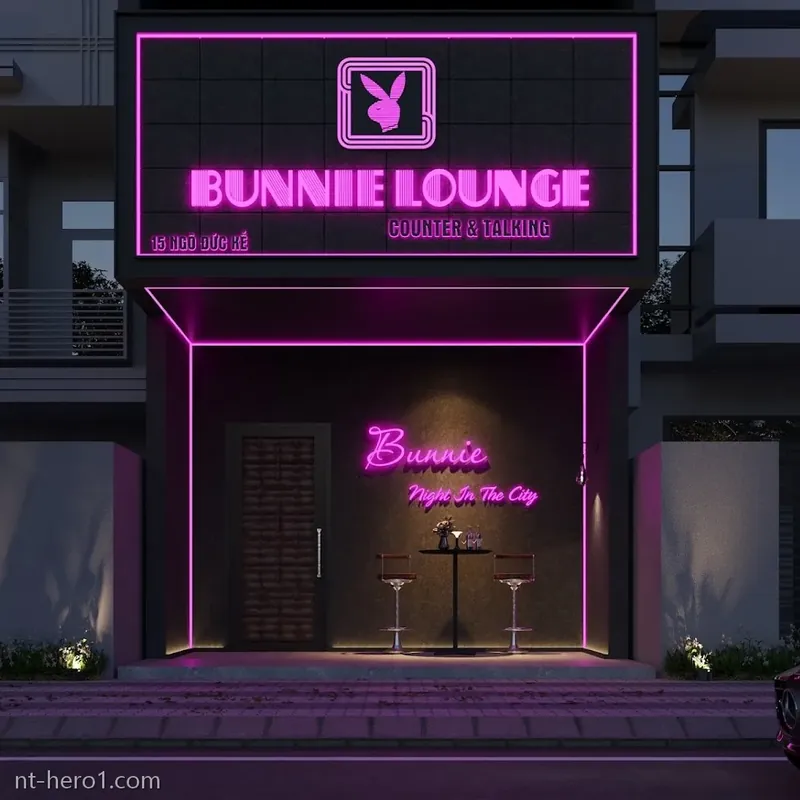 버니바 정면 간판 — BUNNIE LOUNGE 네온사인